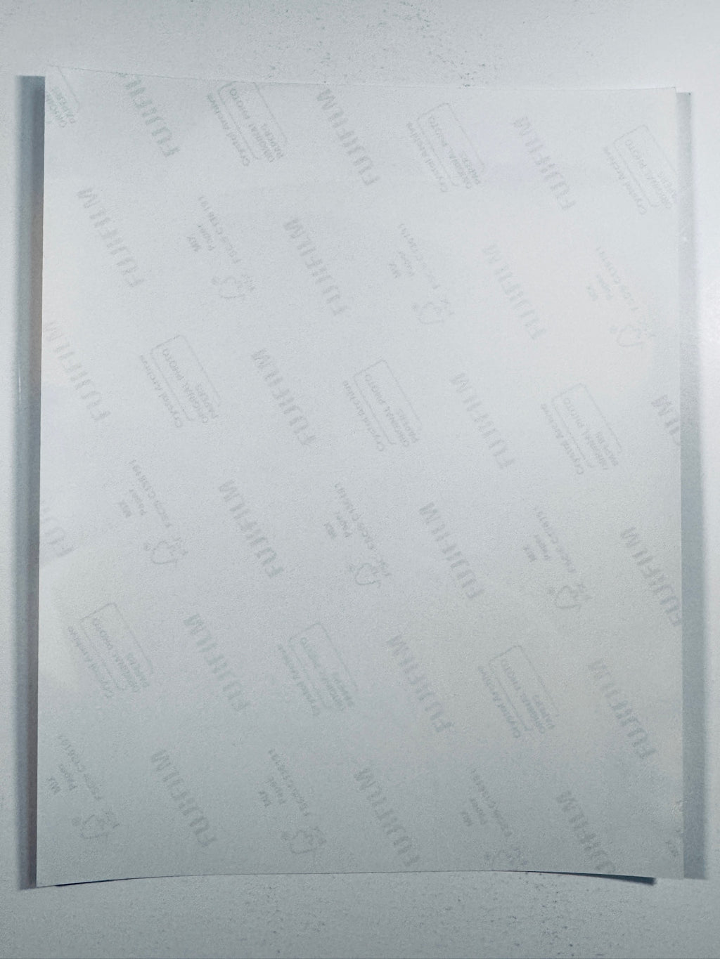 The plain white reverse side representing the back physical condition of the photograph print, showing translucent Fujifilm crystal archive paper watermarks and logos.