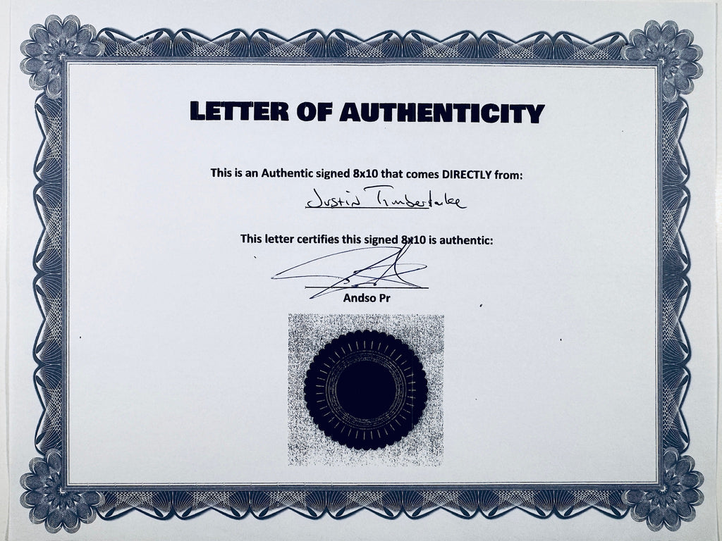 A Letter of Authenticity with a decorative blue-patterned border, certifying an authentic signed 8x10 coming directly from Justin Timberlake, featuring a dark circular seal graphic at the bottom.