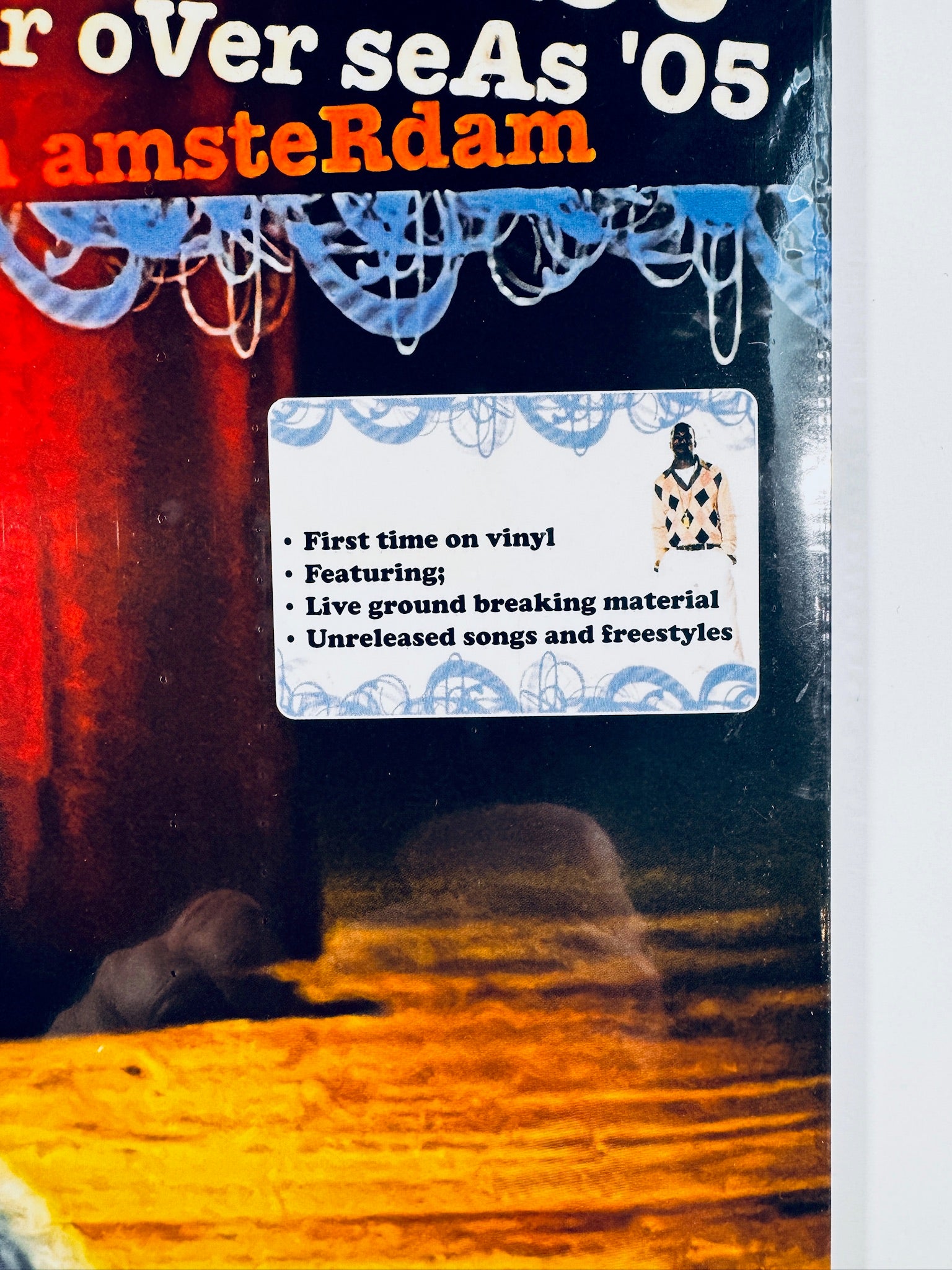 Close-up of the front cover hype sticker for the Kanye West Semester Over Seas '05 Live in Amsterdam unofficial vinyl record.