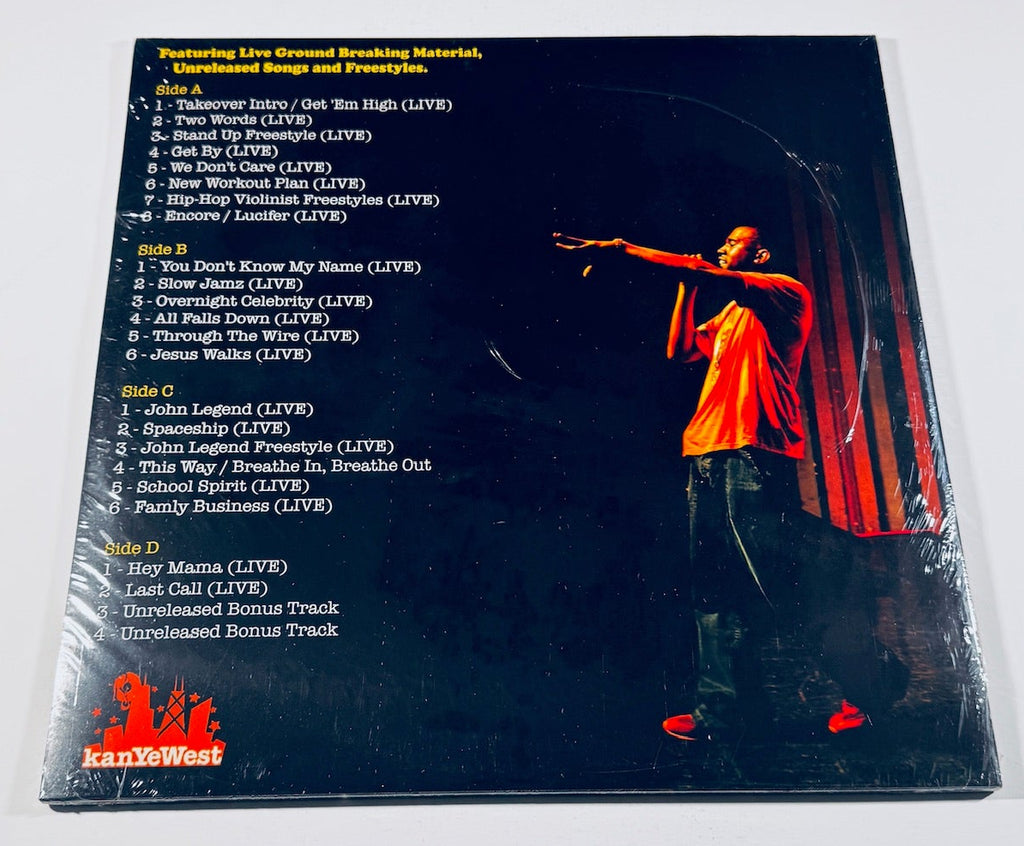 Back cover tracklist and physical condition of the Kanye West Semester Over Seas '05 Live in Amsterdam unofficial 2LP vinyl record.