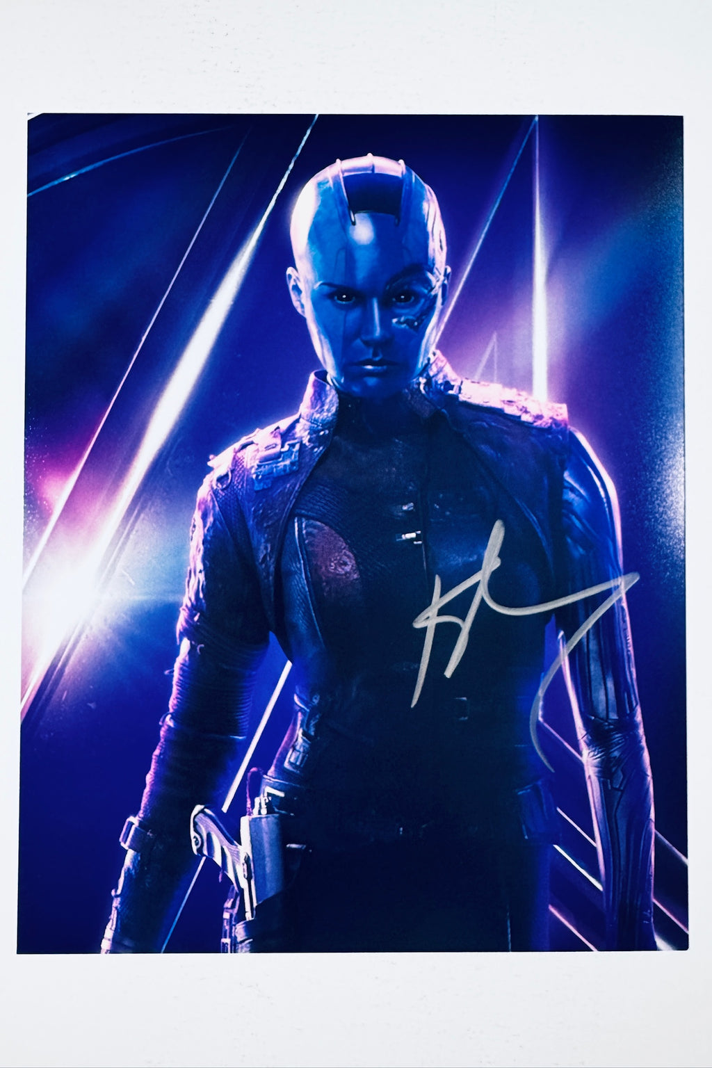 Signed full photo of Karen Gillan as Nebula from Guardians of the Galaxy, featuring a silver autograph.