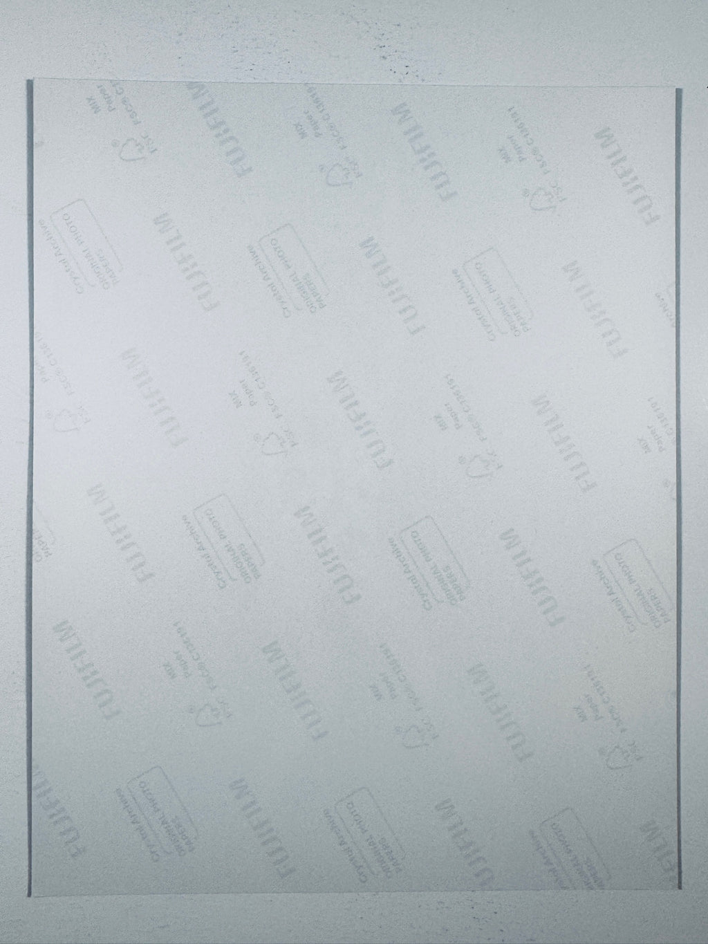 The plain white reverse side representing the back physical condition of the photograph print, showing translucent Fujifilm crystal archive paper watermarks and logos.