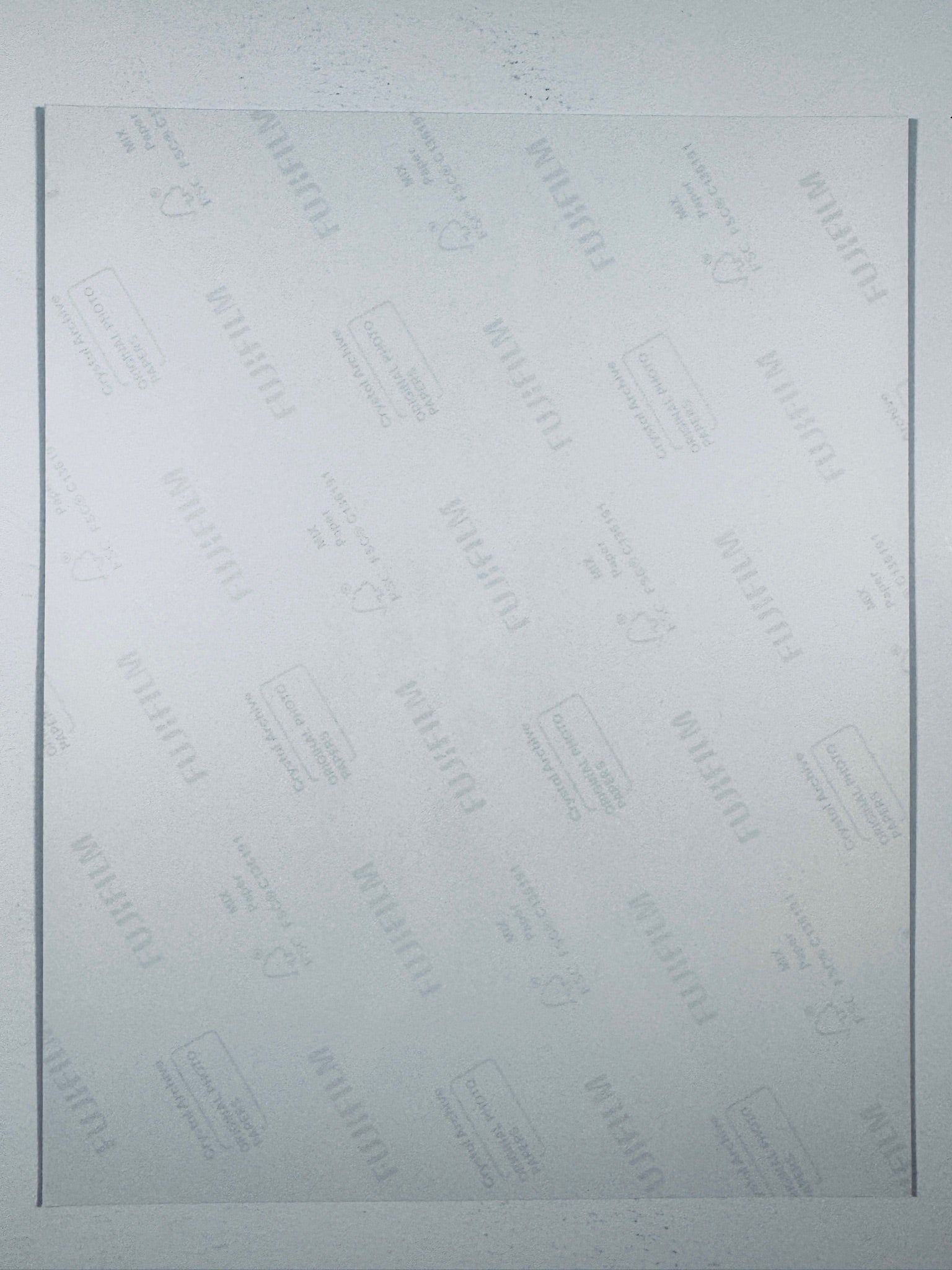 The plain white reverse side representing the back physical condition of the photograph print, showing translucent Fujifilm crystal archive paper watermarks and logos.