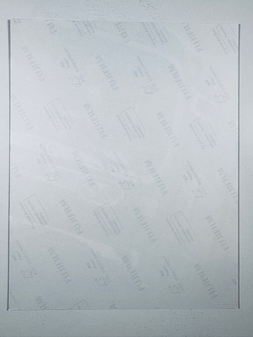The plain white reverse side representing the back physical condition of the photograph print, showing translucent Fujifilm crystal archive paper watermarks and logos.