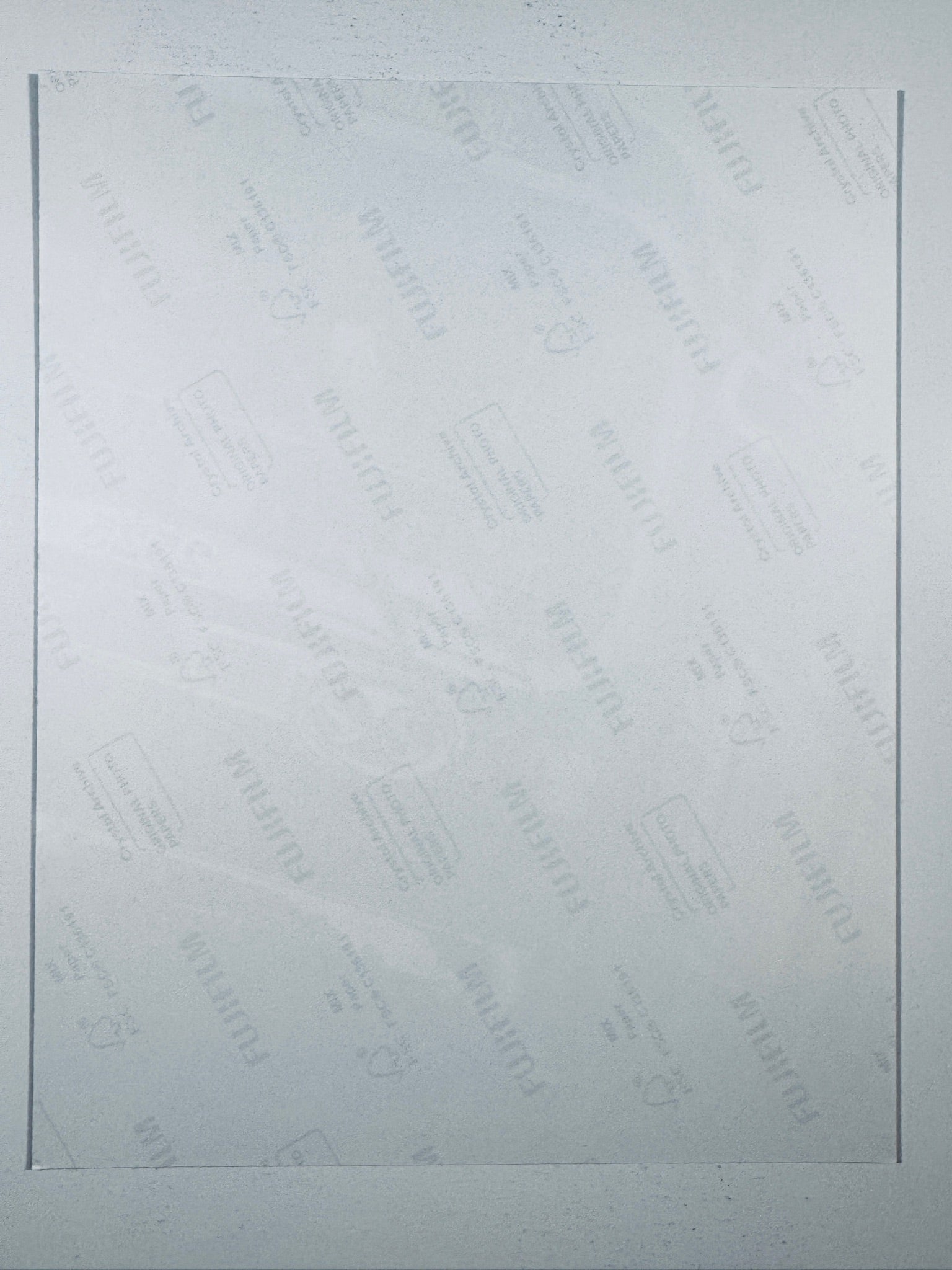 The plain white reverse side representing the back physical condition of the photograph print, showing translucent Fujifilm crystal archive paper watermarks and logos.