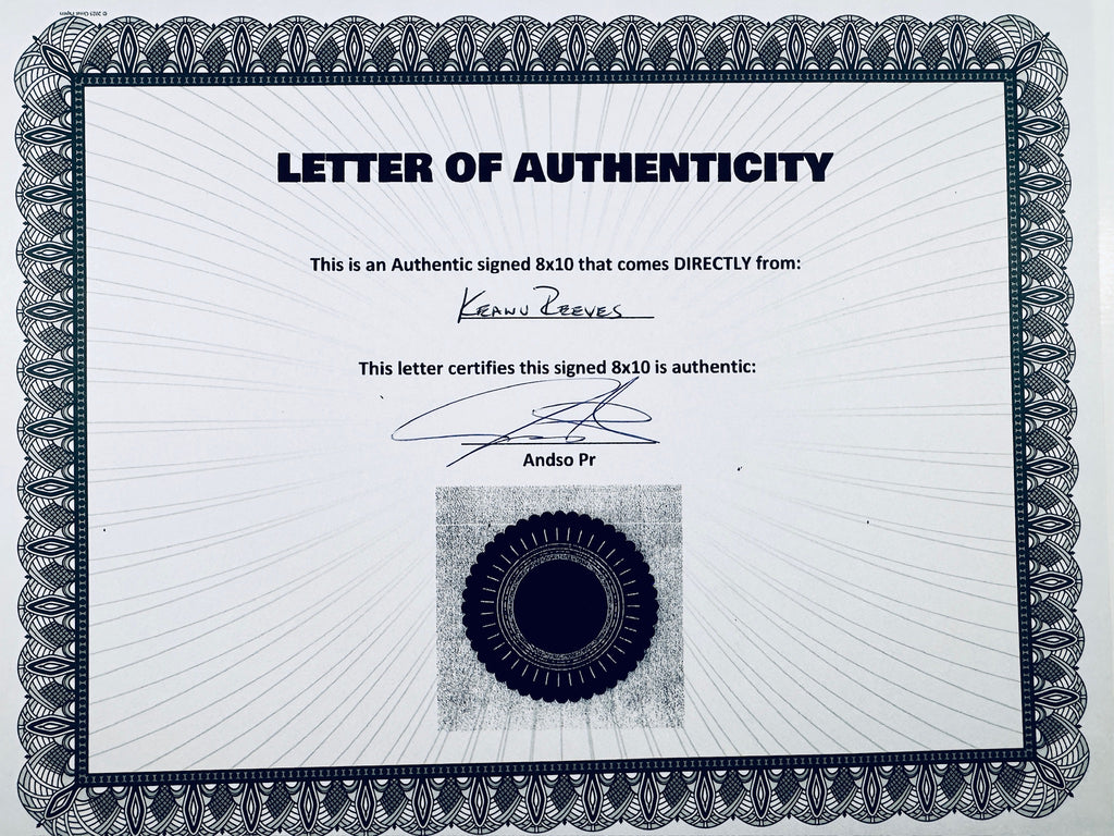 A Letter of Authenticity with a decorative blue-patterned border, certifying an authentic signed 8x10 coming directly from Keanu Reeves, featuring a dark circular seal graphic at the bottom.