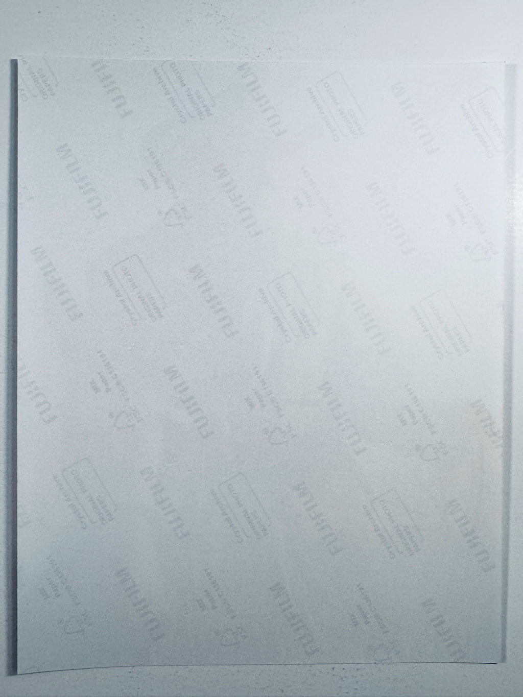 The plain white reverse side representing the back physical condition of the Yellowstone photograph print, showing translucent Fujifilm crystal archive paper watermarks and logos.