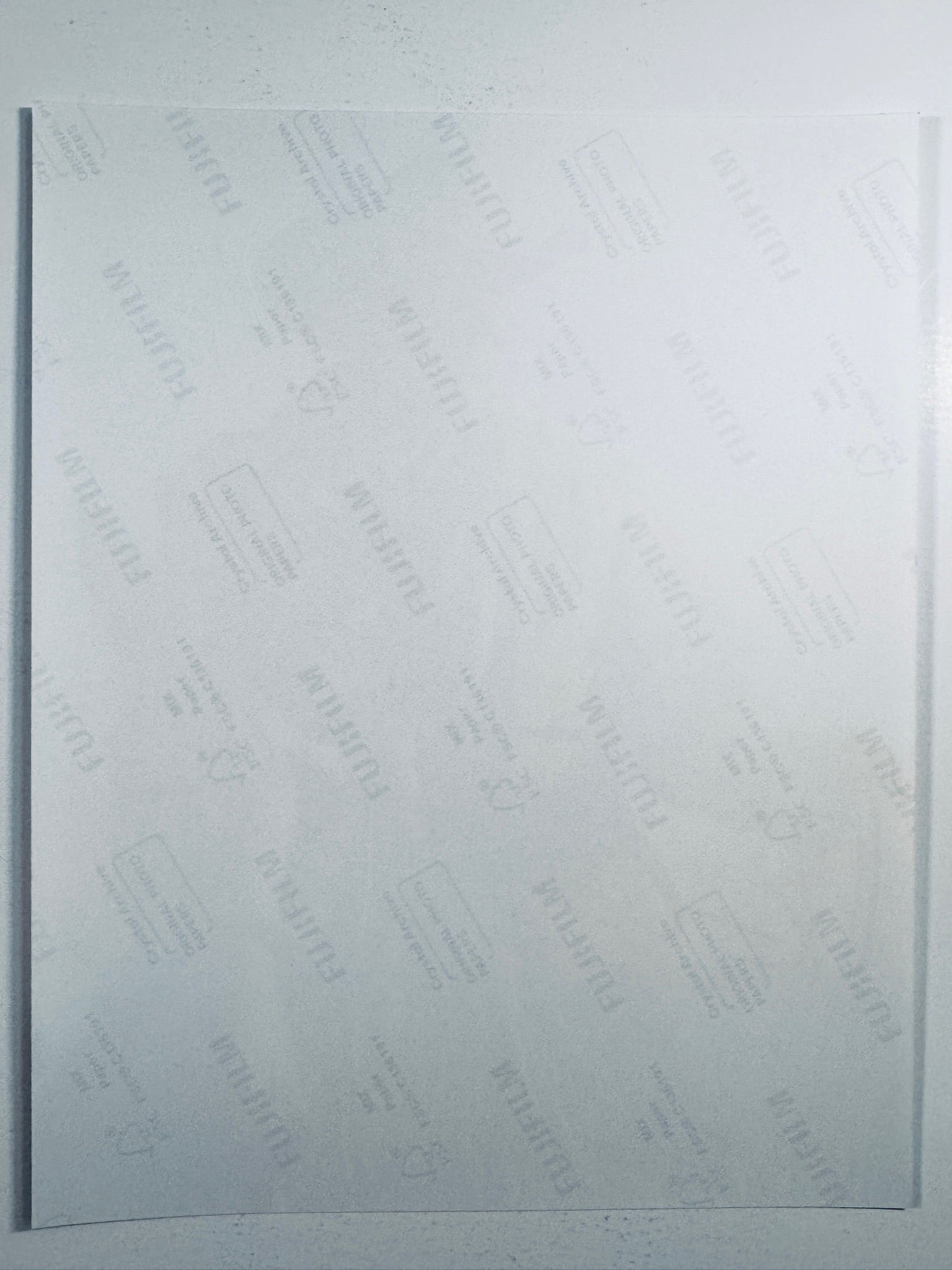 The plain white reverse side representing the back physical condition of the Yellowstone photograph print, showing translucent Fujifilm crystal archive paper watermarks and logos.