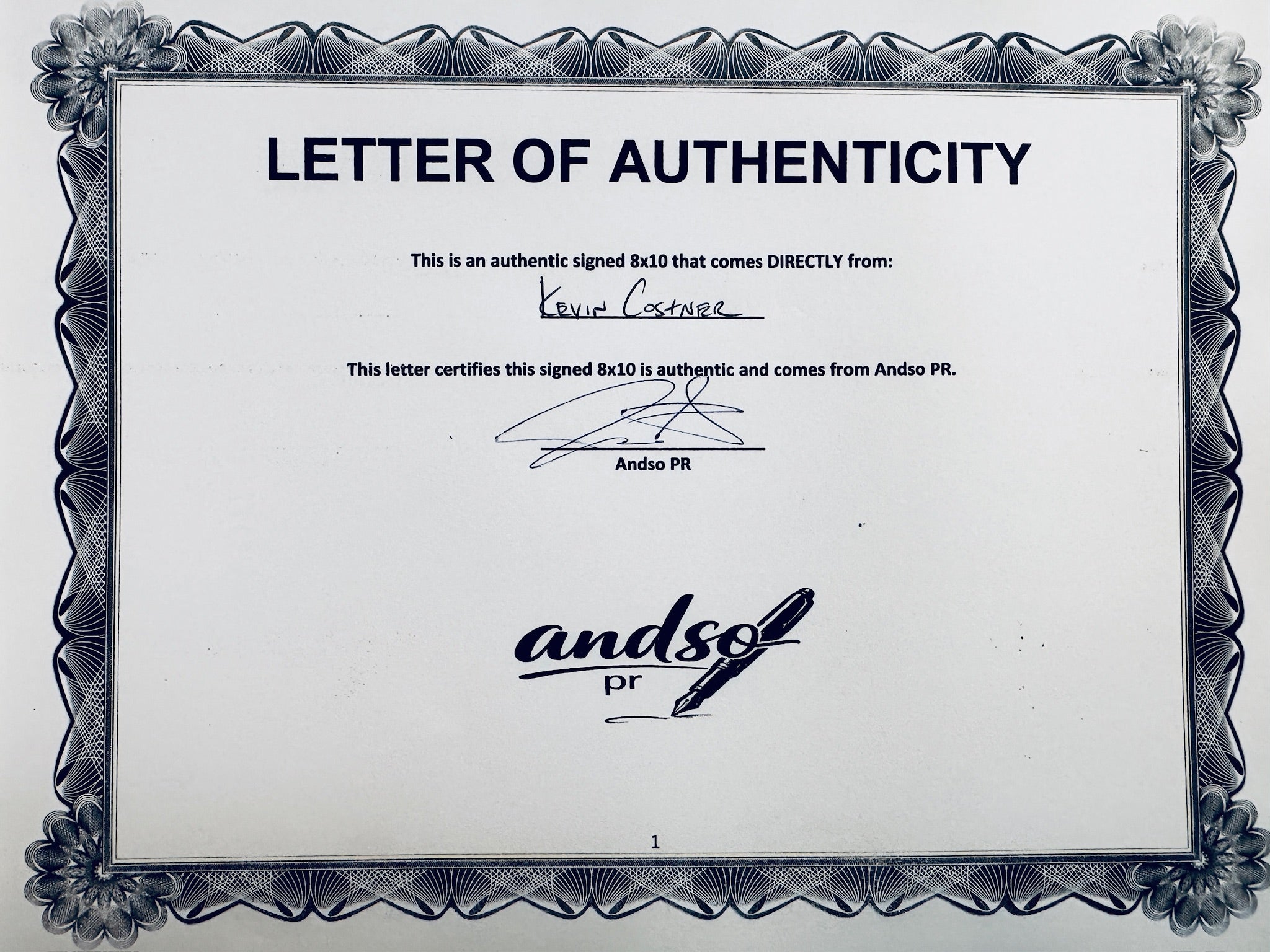 A Letter of Authenticity with a decorative blue-patterned border for a Yellowstone signed 8x10, certifying an authentic autograph coming directly from Kevin Costner, featuring a signature at the top.