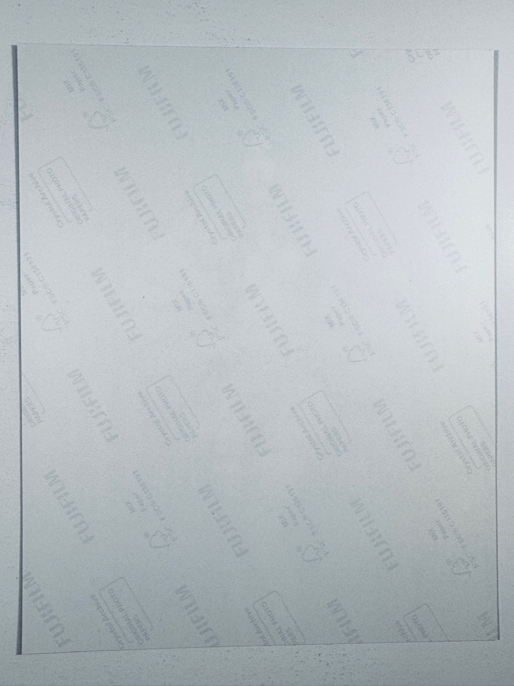 The plain white reverse side representing the back physical condition of the photograph print, showing translucent Fujifilm crystal archive paper watermarks and logos.