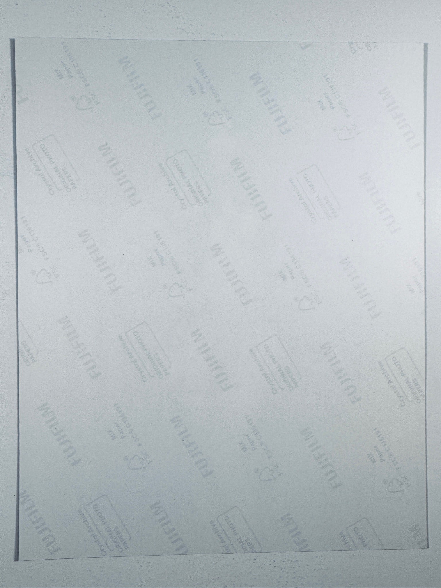 The plain white reverse side representing the back physical condition of the photograph print, showing translucent Fujifilm crystal archive paper watermarks and logos.