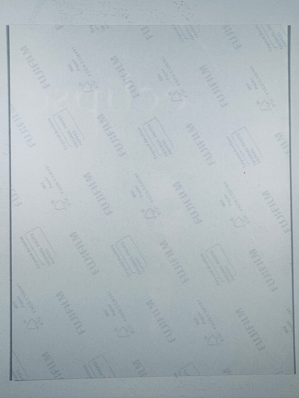 The plain white reverse side representing the back physical condition of the photograph print, showing translucent Fujifilm crystal archive paper watermarks and logos.