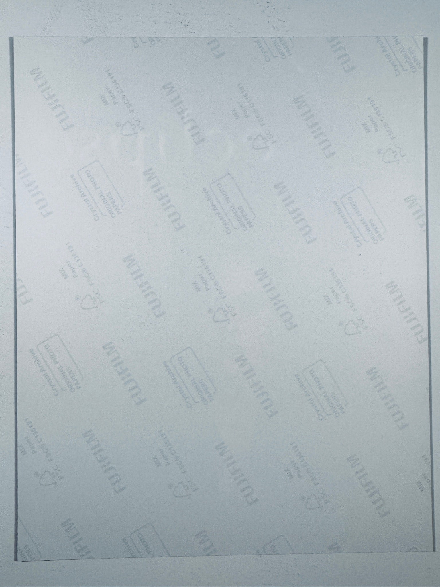 The plain white reverse side representing the back physical condition of the photograph print, showing translucent Fujifilm crystal archive paper watermarks and logos.
