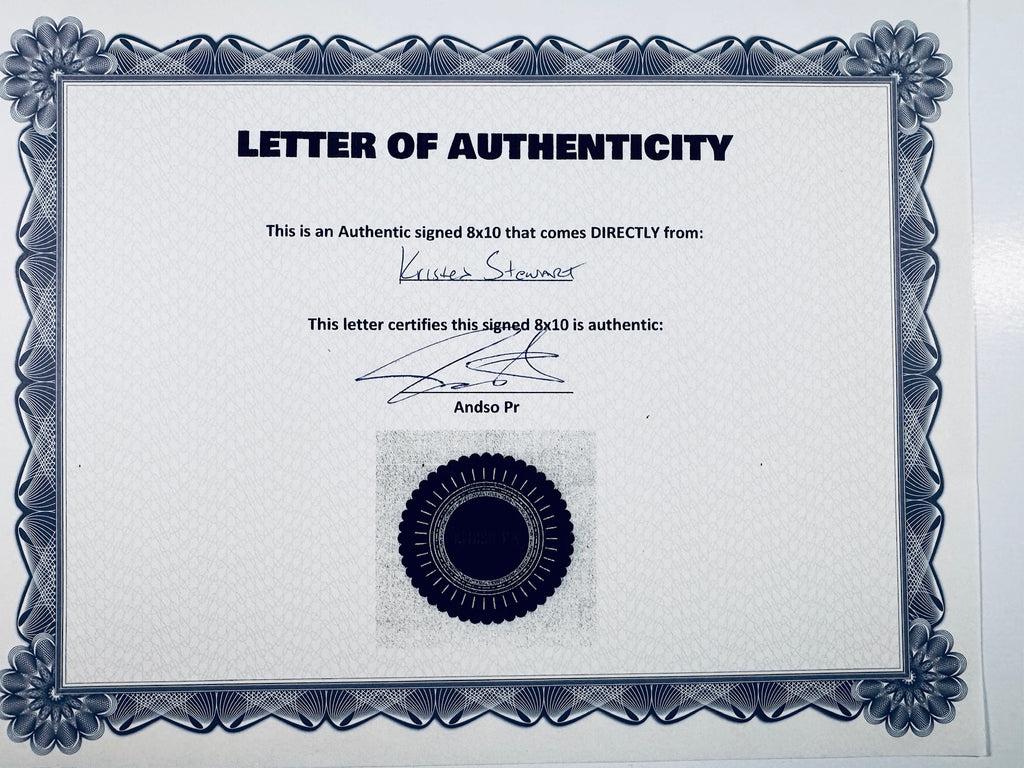 A Letter of Authenticity with a decorative blue-patterned border, certifying an authentic signed 8x10 coming directly from Kristen Stewart, featuring a dark circular seal graphic at the bottom.