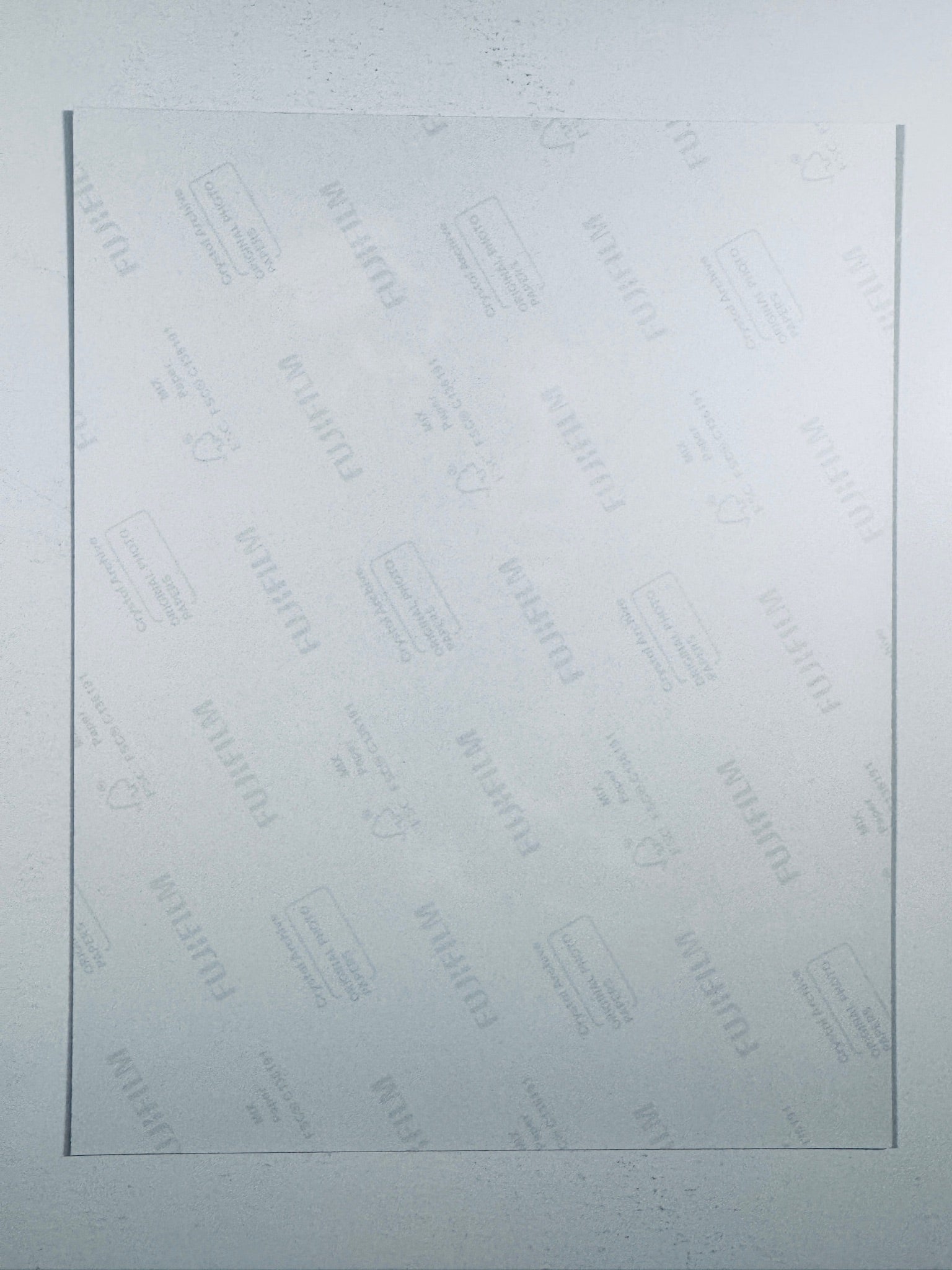 The plain white reverse side representing the back physical condition of the photograph print, showing translucent Fujifilm crystal archive paper watermarks and logos.