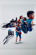 Signed 8x10 matte sports collage photo of LaMelo Ball in his blue Charlotte Hornets uniform holding a basketball, featuring graphics of the Charlotte skyline and a black ink autograph across the lower-left area.