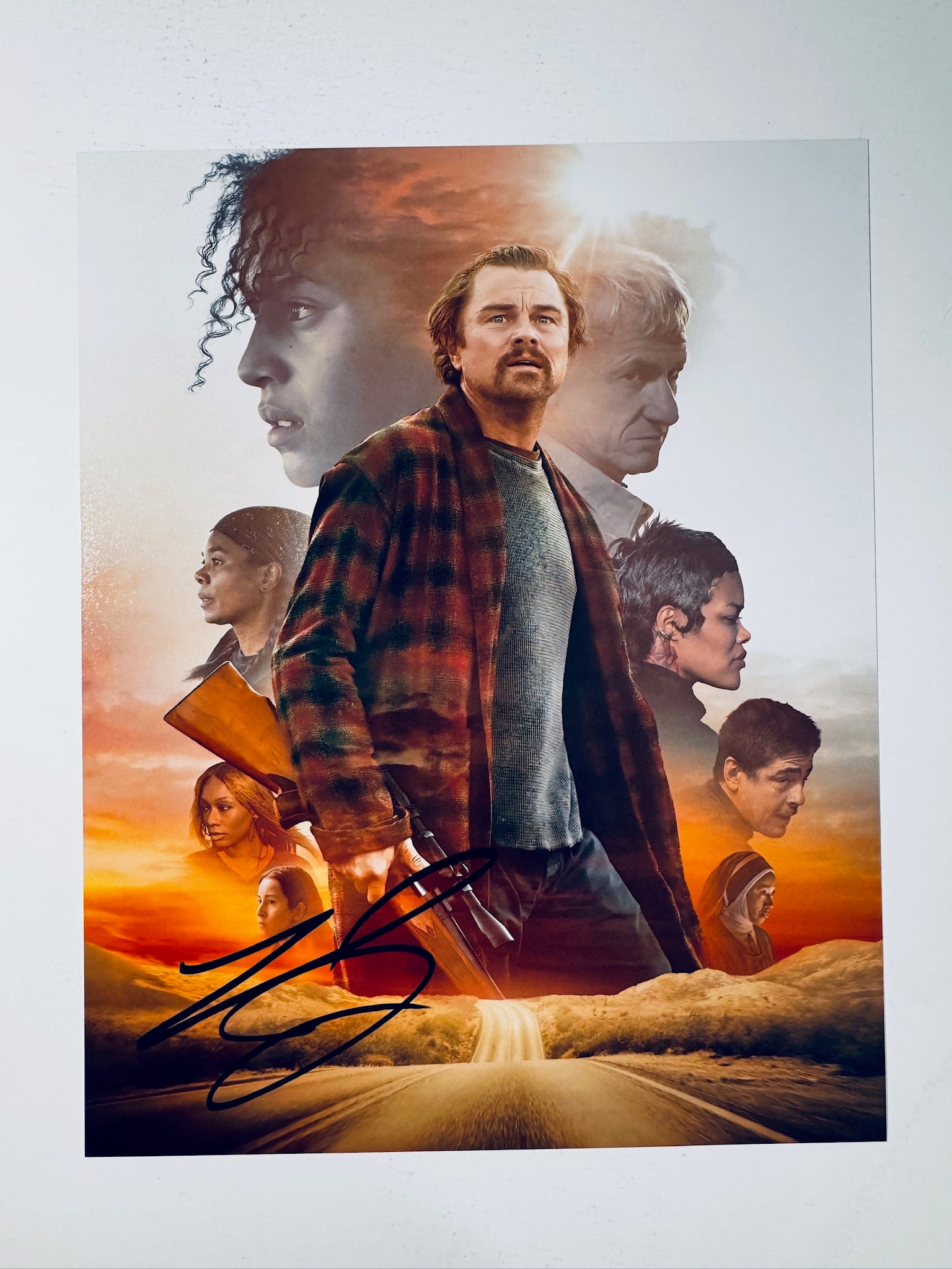 Leonardo DiCaprio hand-signed 8x10 matte photo featuring a key scene from Paul Thomas Anderson's film One Battle After Another.