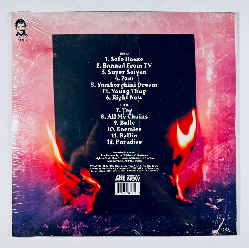The back cover of a sealed "Luv Is Rage" vinyl jacket listing the tracklist over a dark, stylized graphic background. The top-right corner is completely blank and lacks the machine-stamped gold foil serial number found on authentic 2018 limited editions. This confirms the item is a sealed unofficial bootleg, believed to contain the translucent purple vinyl variant inside.