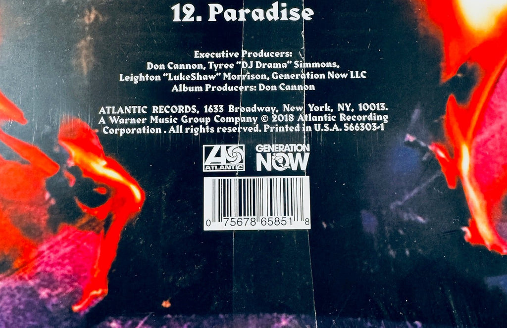 Close-up photograph of the printed barcode on the back of a sealed vinyl jacket, showing the numbers 075678658518. While this matches the UPC of the official 2018 Atlantic Records release, the barcode is part of a replicated bootleg jacket design printed without a unique foil stamp or official sticker overlays.