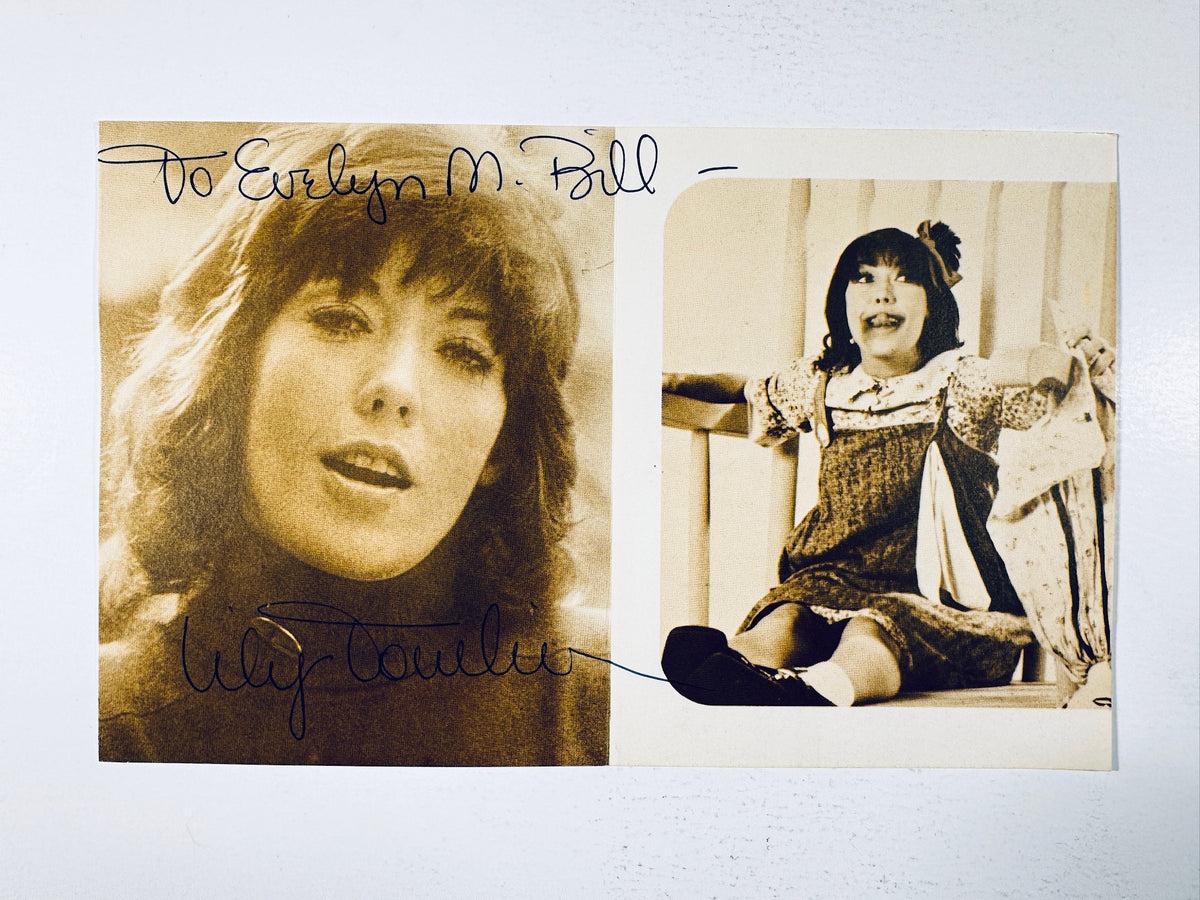 Autographed vintage publicity photograph signed by Lily Tomlin featuring portrait and Edith Ann character images.
