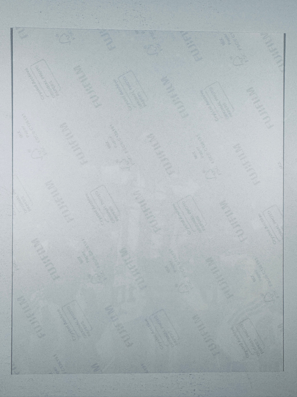 The plain white reverse side representing the back physical condition of the photograph print, showing translucent Fujifilm crystal archive paper watermarks and logos.