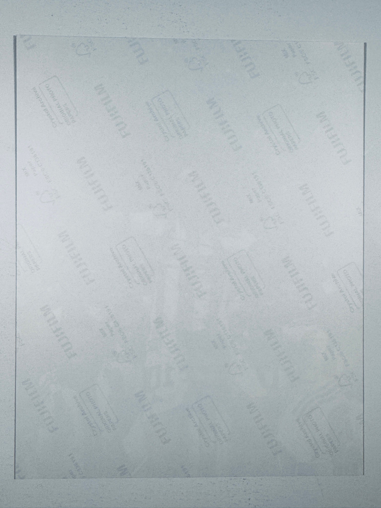 The plain white reverse side representing the back physical condition of the photograph print, showing translucent Fujifilm crystal archive paper watermarks and logos.