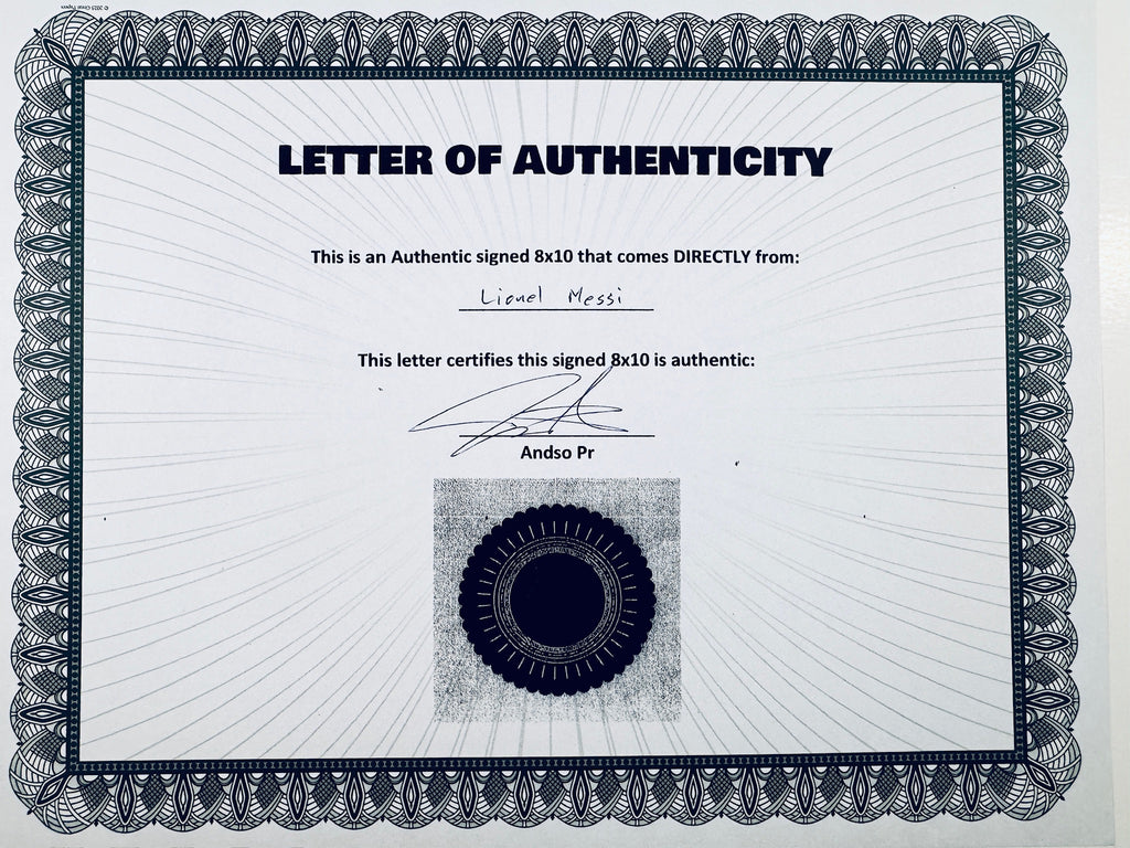 A Letter of Authenticity with a decorative blue-patterned border, certifying an authentic signed 8x10 coming directly from Lionel Messi, featuring a dark circular seal graphic at the bottom.