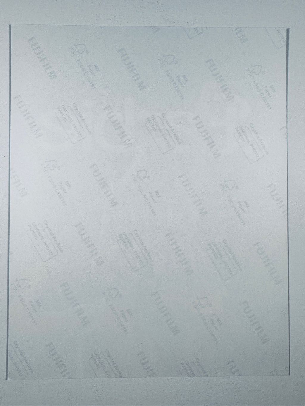 The plain white reverse side representing the back physical condition of the photograph print, showing translucent Fujifilm crystal archive paper watermarks and logos.