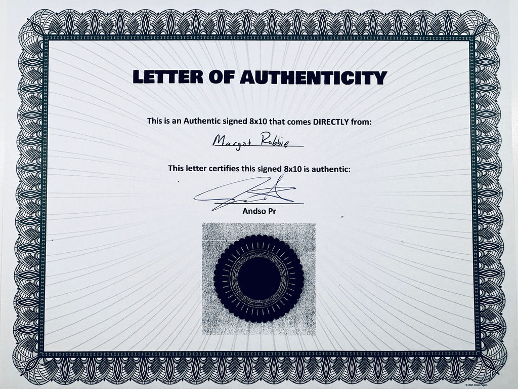 A Letter of Authenticity with a decorative blue-patterned border, certifying an authentic signed 8x10 coming directly from Margot Robbie, featuring a dark circular seal graphic at the bottom.