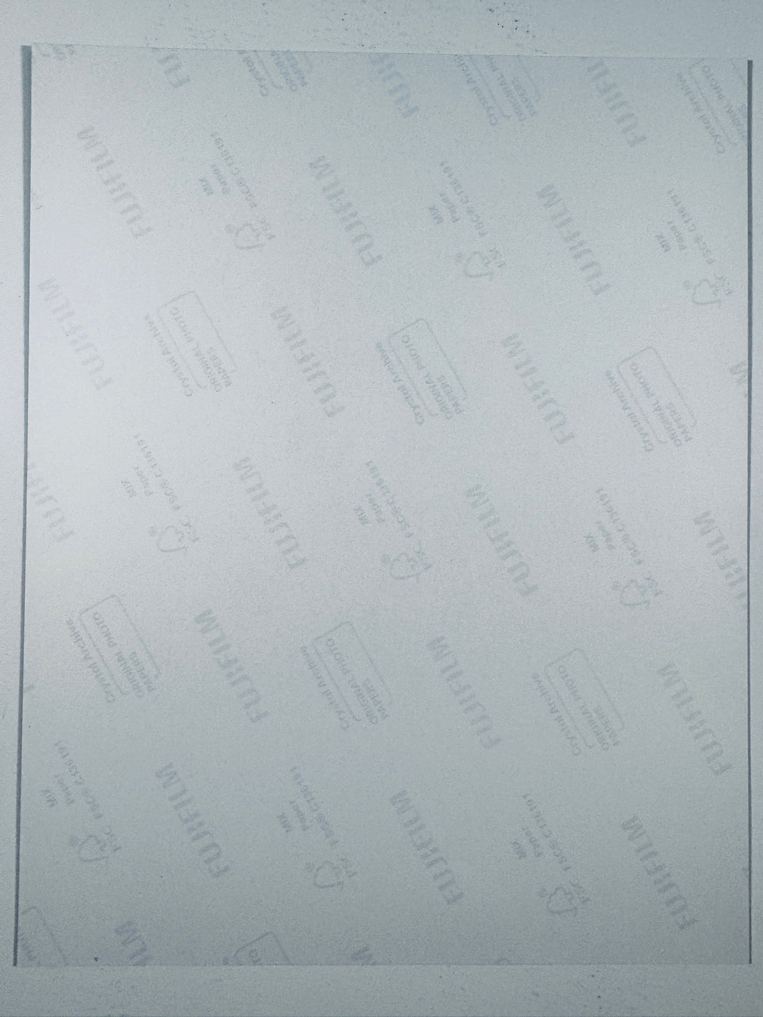 The plain white reverse side representing the back physical condition of the photograph print, showing translucent Fujifilm crystal archive paper watermarks and logos.