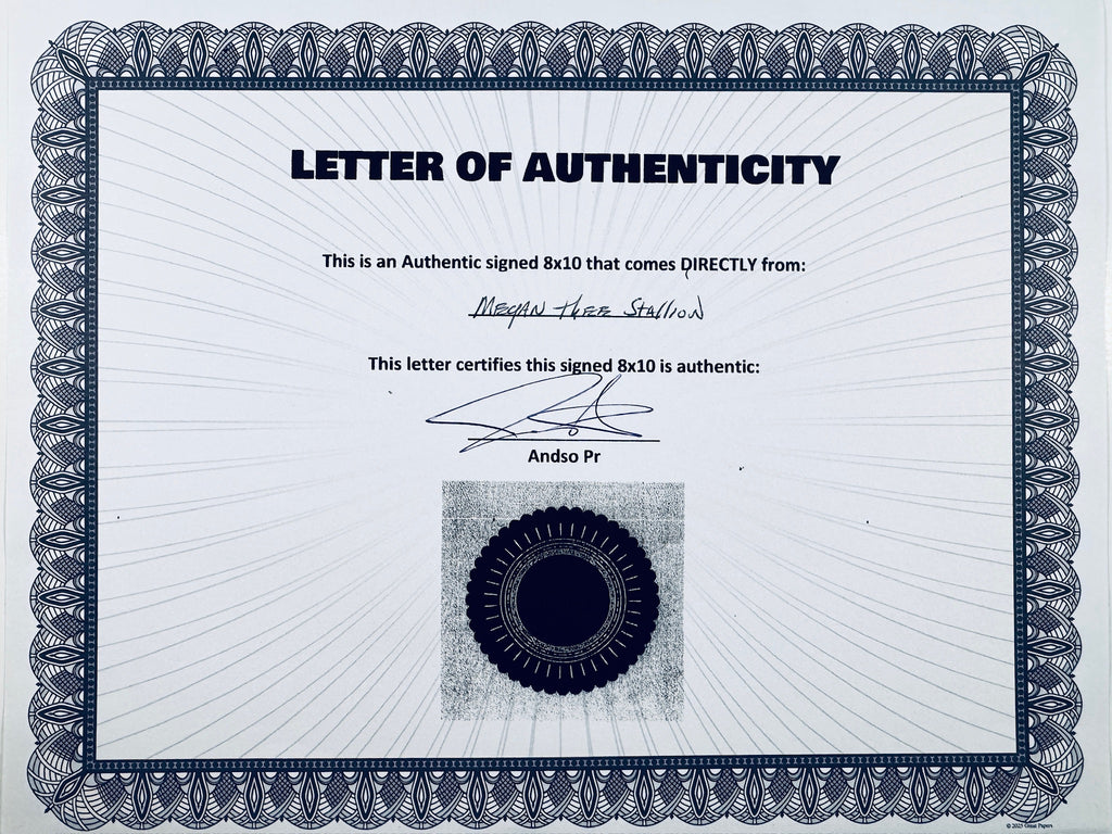 A Letter of Authenticity with a decorative blue-patterned border, certifying an authentic signed 8x10 coming directly from Megan Thee Stallion, featuring a dark circular seal graphic at the bottom.