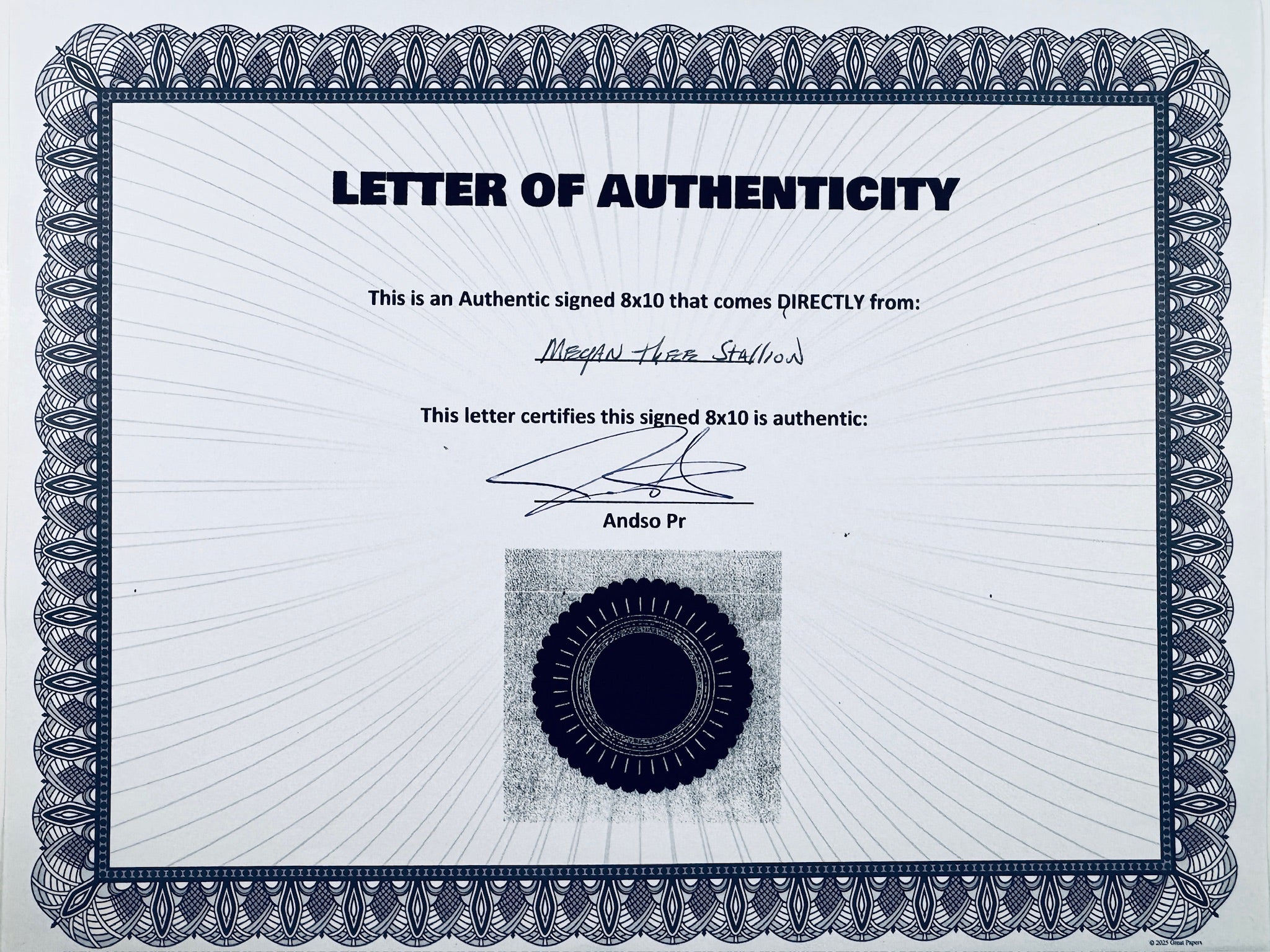 A Letter of Authenticity with a decorative blue-patterned border, certifying an authentic signed 8x10 coming directly from Megan Thee Stallion, featuring a dark circular seal graphic at the bottom.