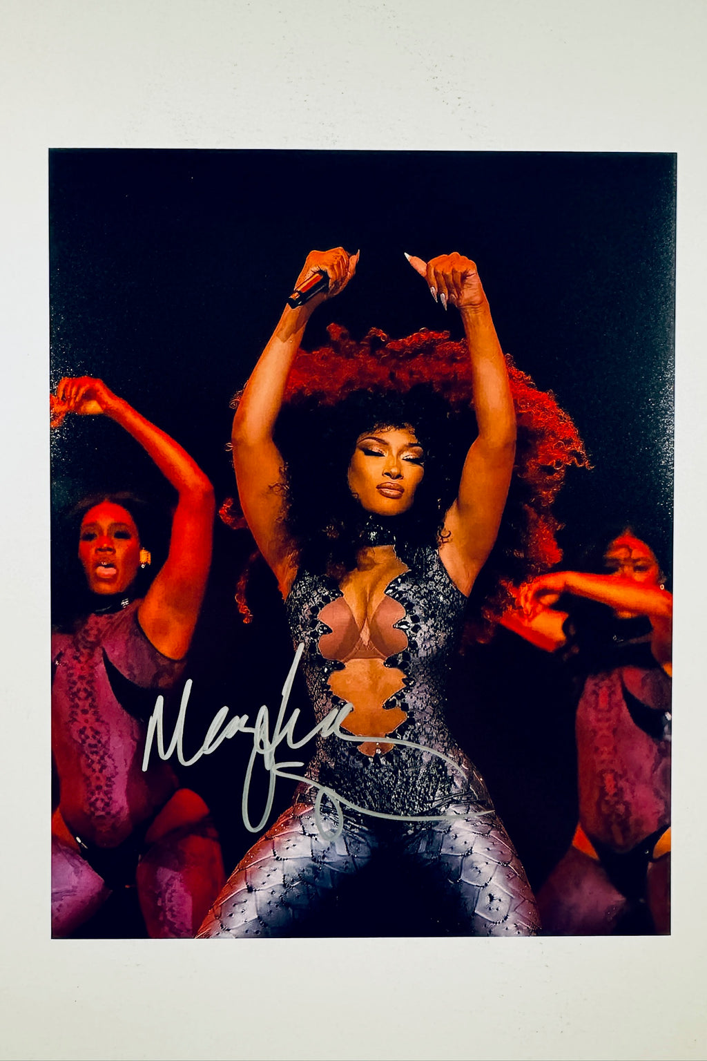 A performance portrait of Megan Thee Stallion with dark curly hair wearing a patterned, form-fitting stage outfit while flanked by two backup dancers on a dark stage, featuring a silver marker signature across the lower portion.