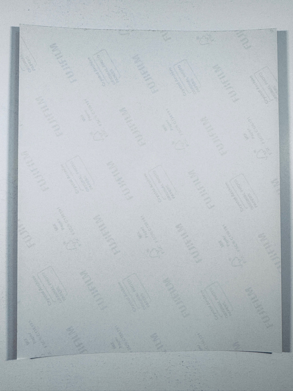 The plain white reverse side representing the back physical condition of the photograph print, showing translucent Fujifilm crystal archive paper watermarks and logos.