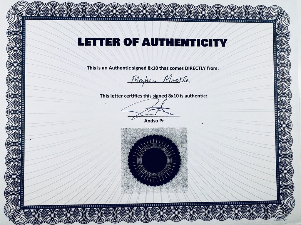 A Letter of Authenticity with a decorative blue-patterned border, certifying an authentic signed 8x10 coming directly from Meghan Markle, featuring a dark circular seal graphic at the bottom.