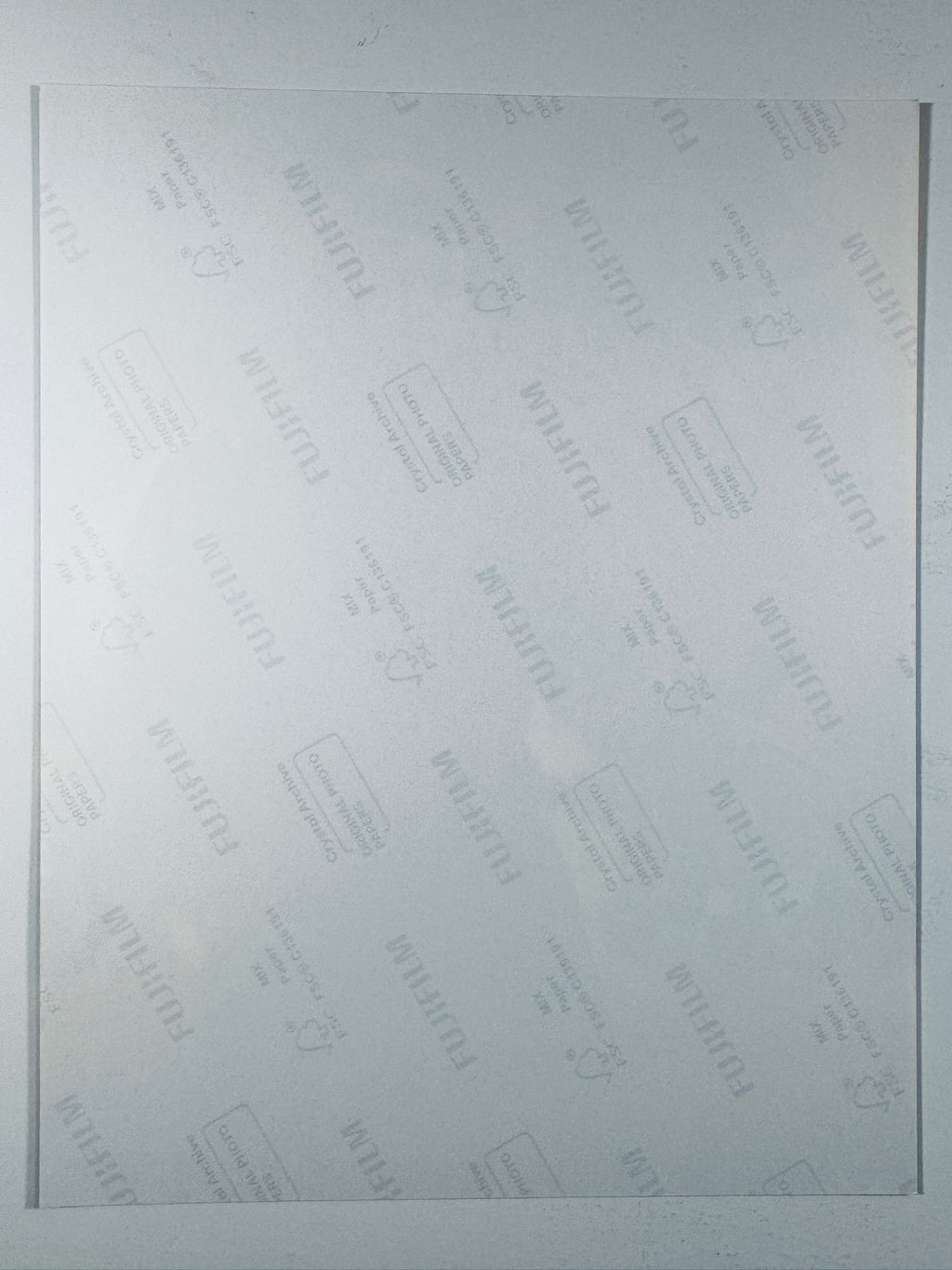 The plain white reverse side of a photographic print showing faint translucent watermark patterns and repeating Fujifilm paper logos.