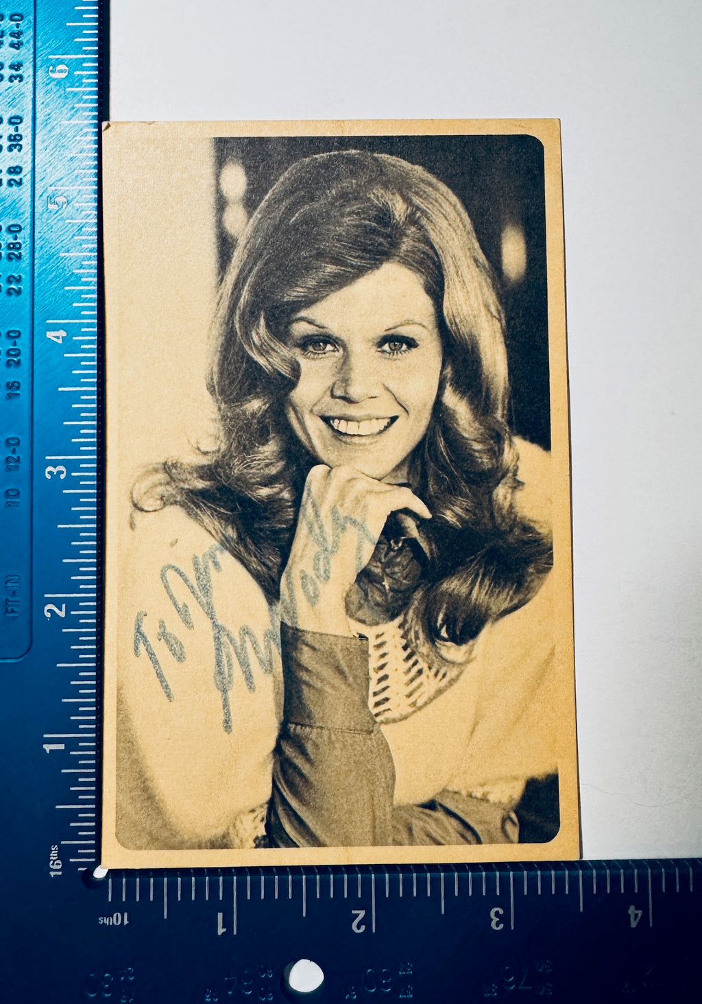 Vintage Melody Patterson autographed promo card shown next to a ruler measuring approximately 3.5 by 5.5 inches.
