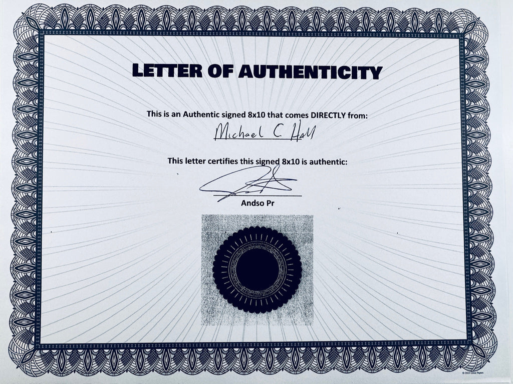 A novelty or replica 'Letter of Authenticity' certificate featuring a decorative dark blue ornamental border, black text, and a circular stamp design on a white background.