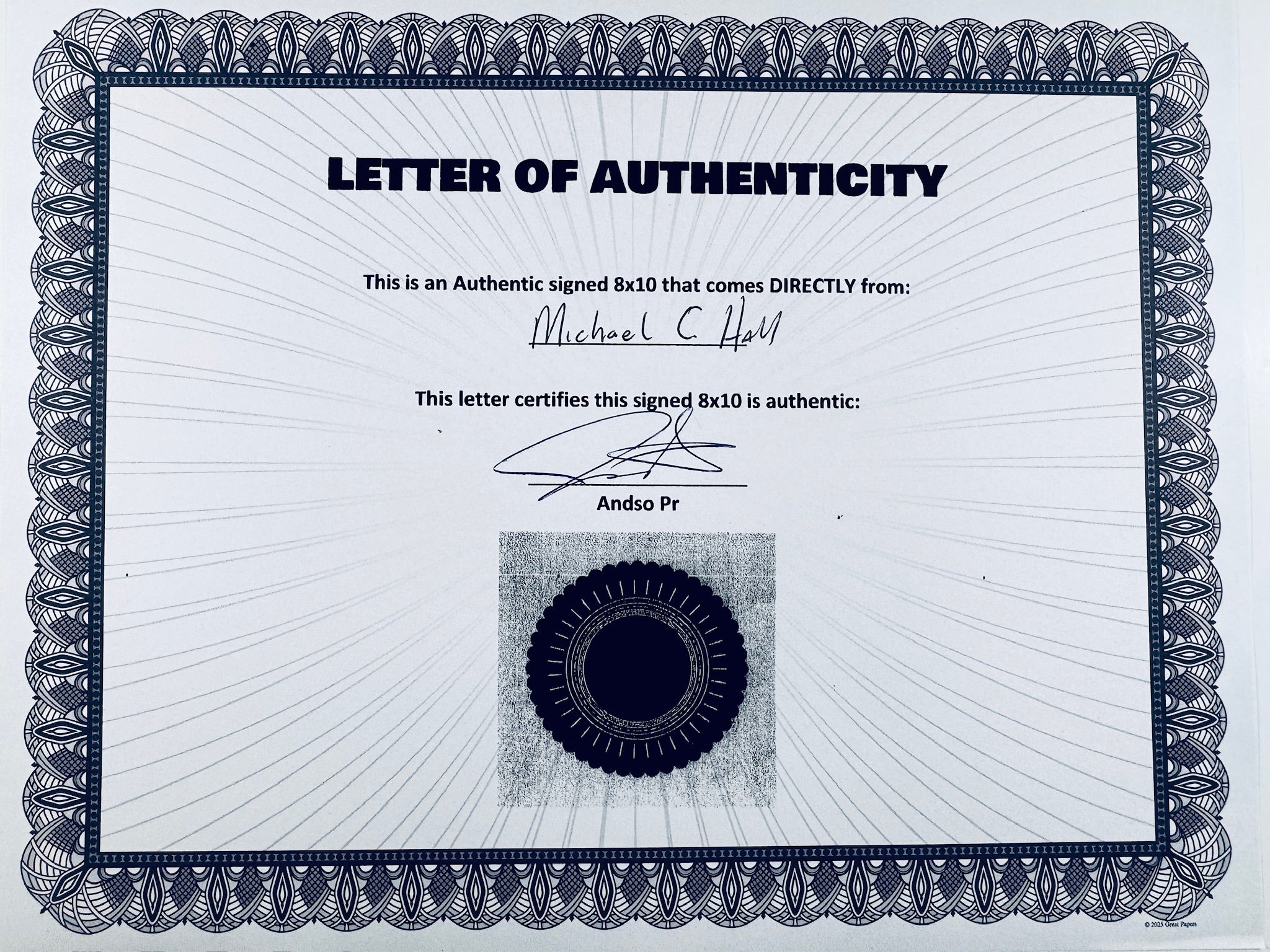 A novelty or replica 'Letter of Authenticity' certificate featuring a decorative dark blue ornamental border, black text, and a circular stamp design on a white background.