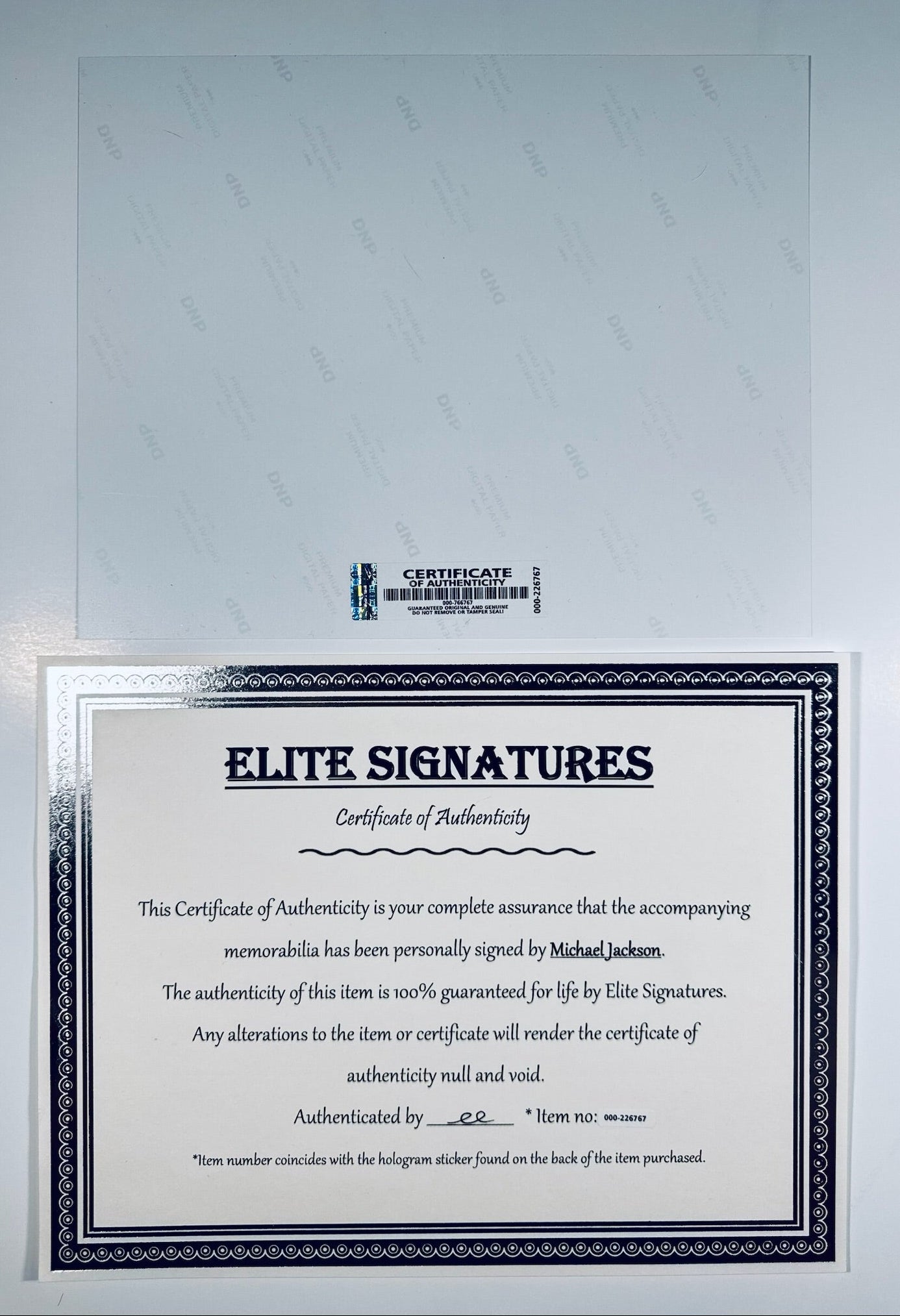 The back of the 8x10 photograph showing its condition and the attached certificate of authenticity.