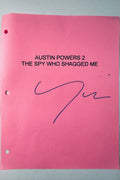Full view of pink Austin Powers 2 The Spy Who Shagged Me script cover autographed by Michael York in blue ink.