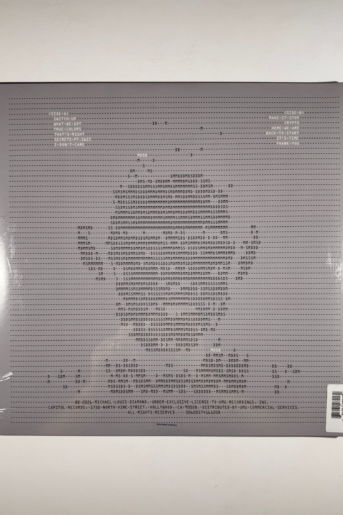 Full back jacket view displaying tracklist grid and copyright info for Mike D's Thank You album.
