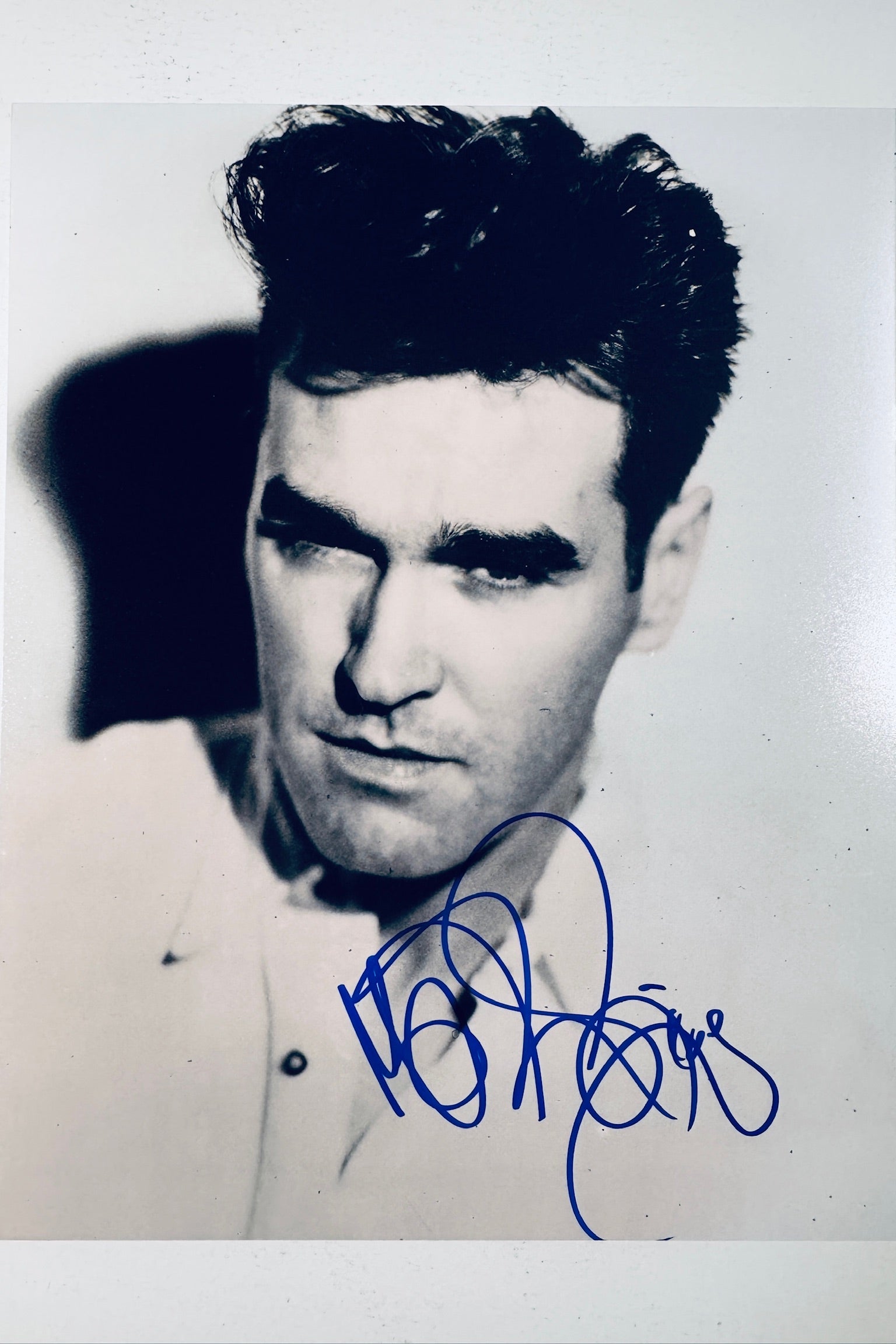 Morrissey hand-signed 8x10 black and white portrait photo featuring a close-up pose with styled hair.