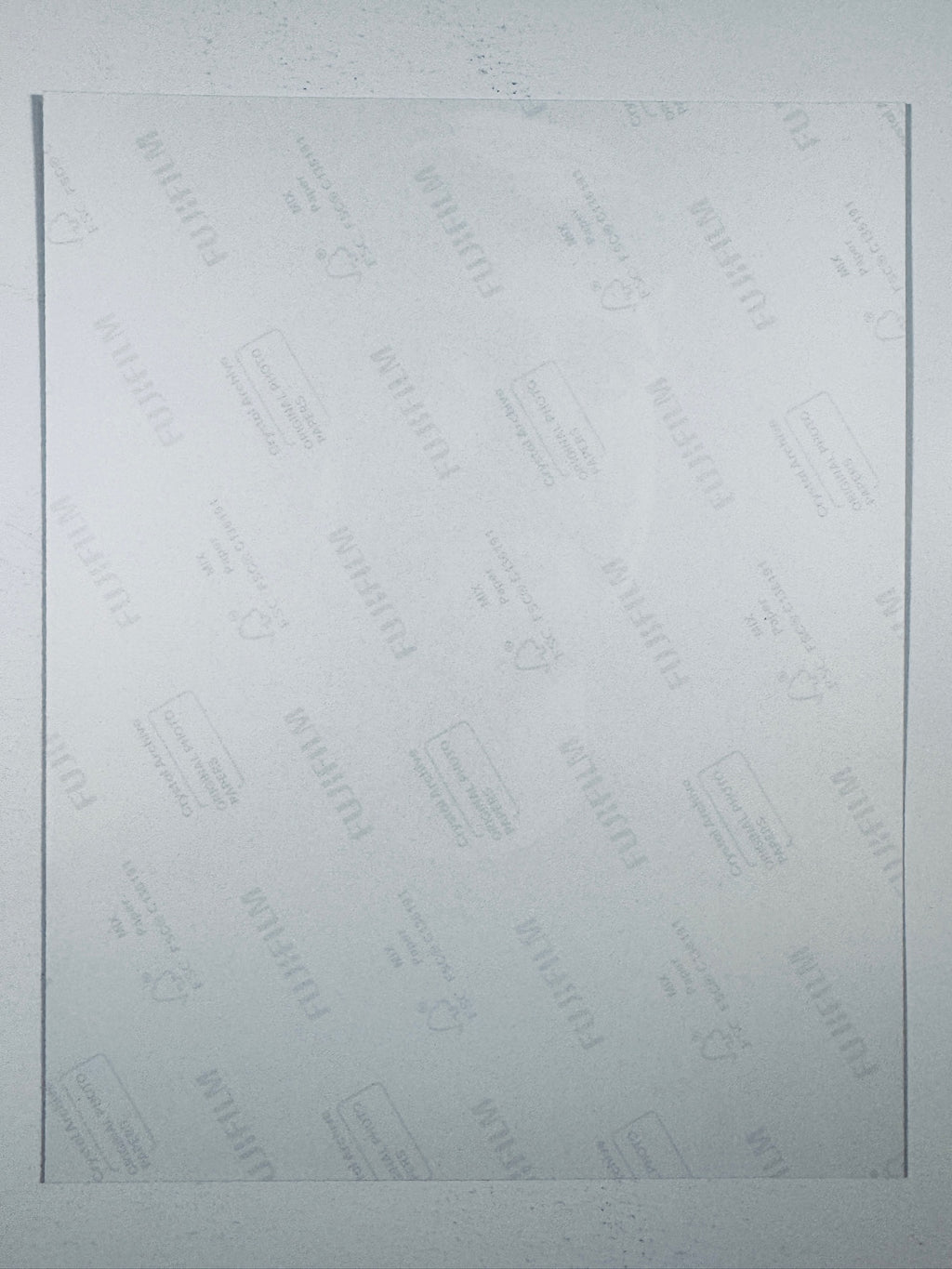 The plain white reverse side representing the back physical condition of the photograph print, showing translucent Fujifilm crystal archive paper watermarks and logos.