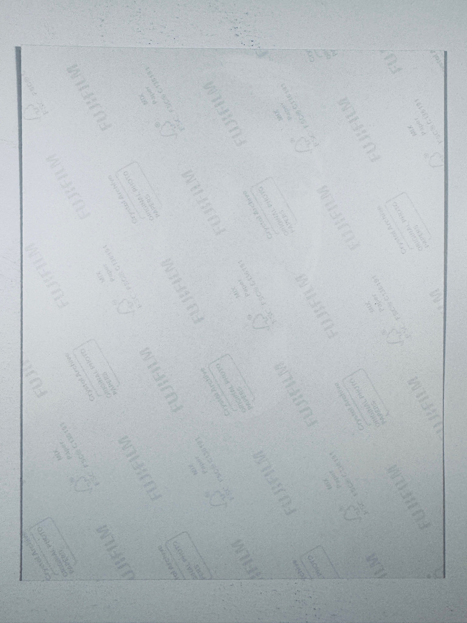 The plain white reverse side representing the back physical condition of the photograph print, showing translucent Fujifilm crystal archive paper watermarks and logos.