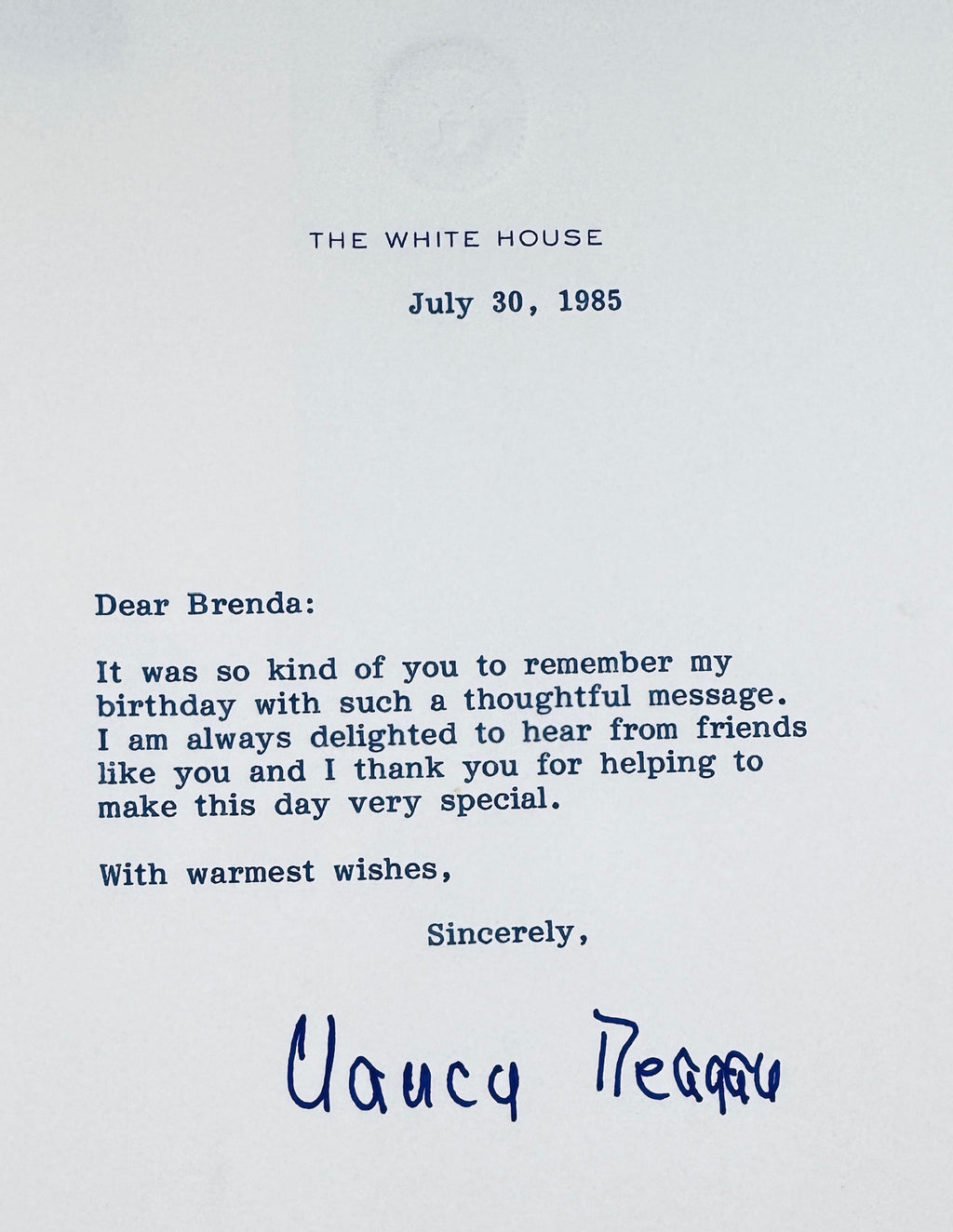 Official White House letter dated July 30, 1985, with signature of First Lady Nancy Reagan.
