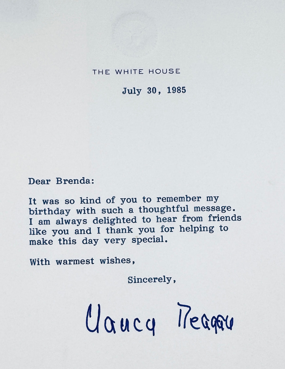 Official White House letter dated July 30, 1985, with signature of First Lady Nancy Reagan.
