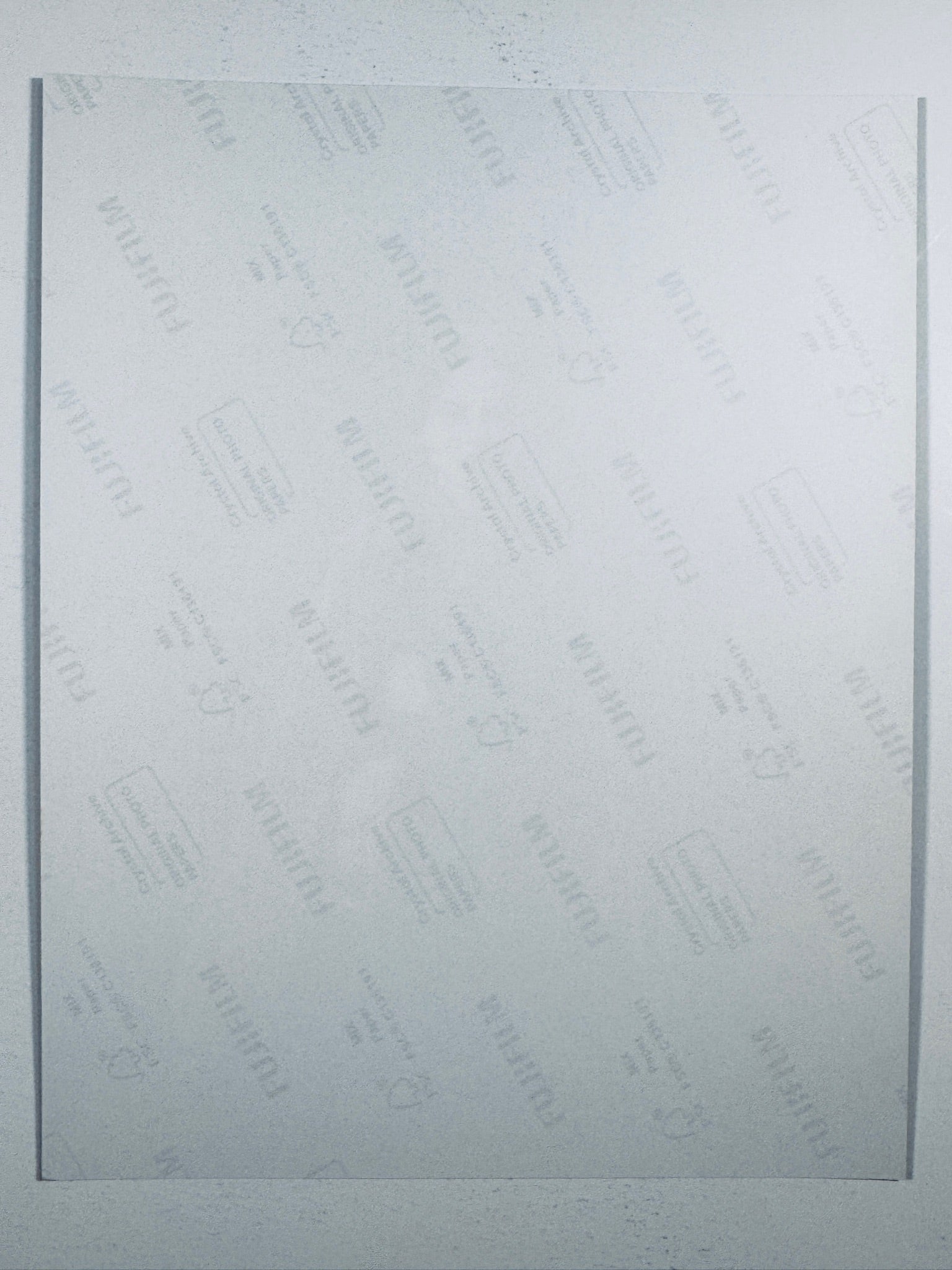 The plain white reverse side representing the back physical condition of the photograph print, showing translucent Fujifilm crystal archive paper watermarks and logos.