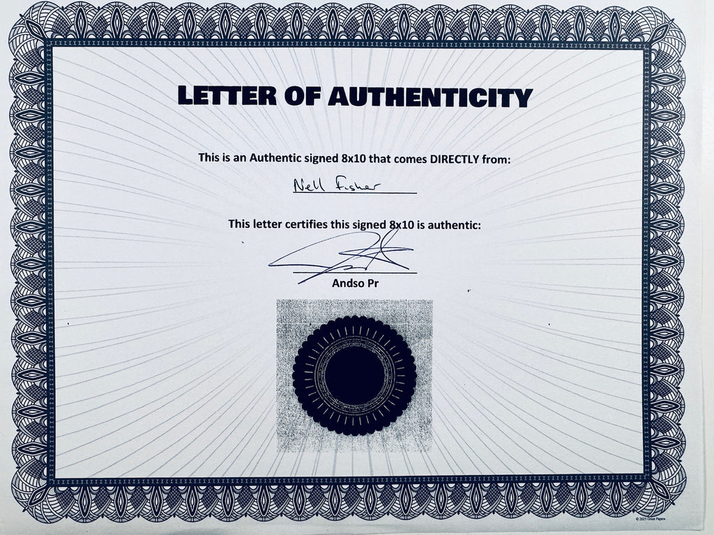 A Letter of Authenticity with a decorative blue-patterned border, certifying an authentic signed 8x10 coming directly from Nell Fisher, featuring a dark circular seal graphic at the bottom.