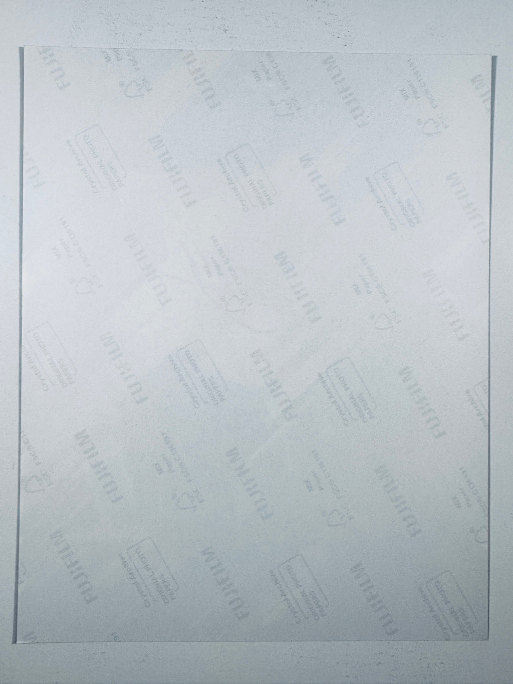 The plain white reverse side representing the back physical condition of the photograph print, showing translucent Fujifilm crystal archive paper watermarks and logos.